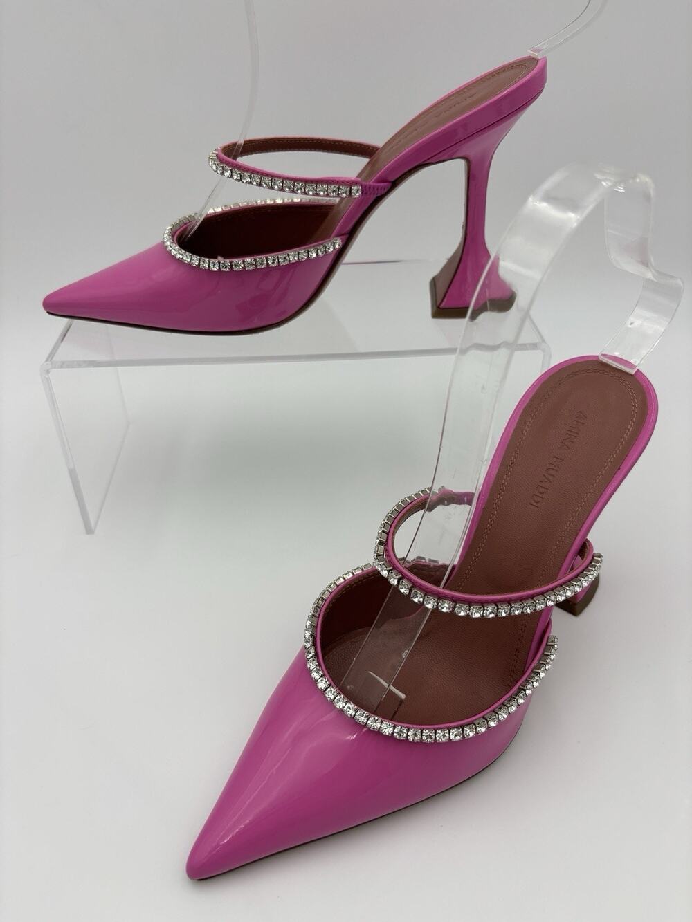 Amina Muaddi Gilda Mules Crystal Pink Patent Leather Size 36.5 / 6.5